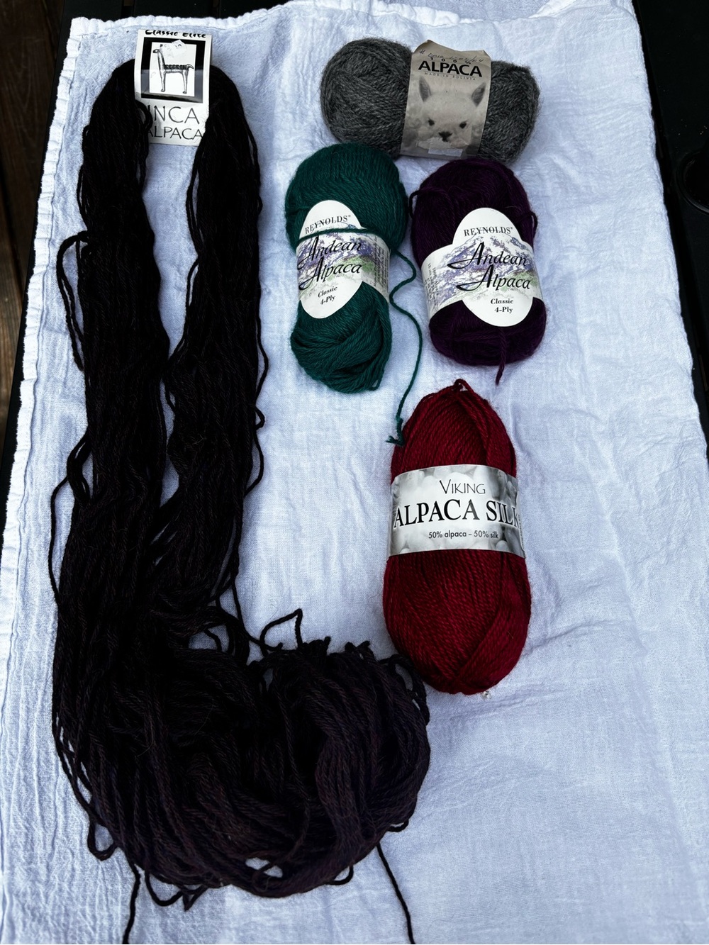 Alpaca Silk & Assorted Alpaca Yarn Bundle - Red, Green, Purple, & Gray Lot of 6